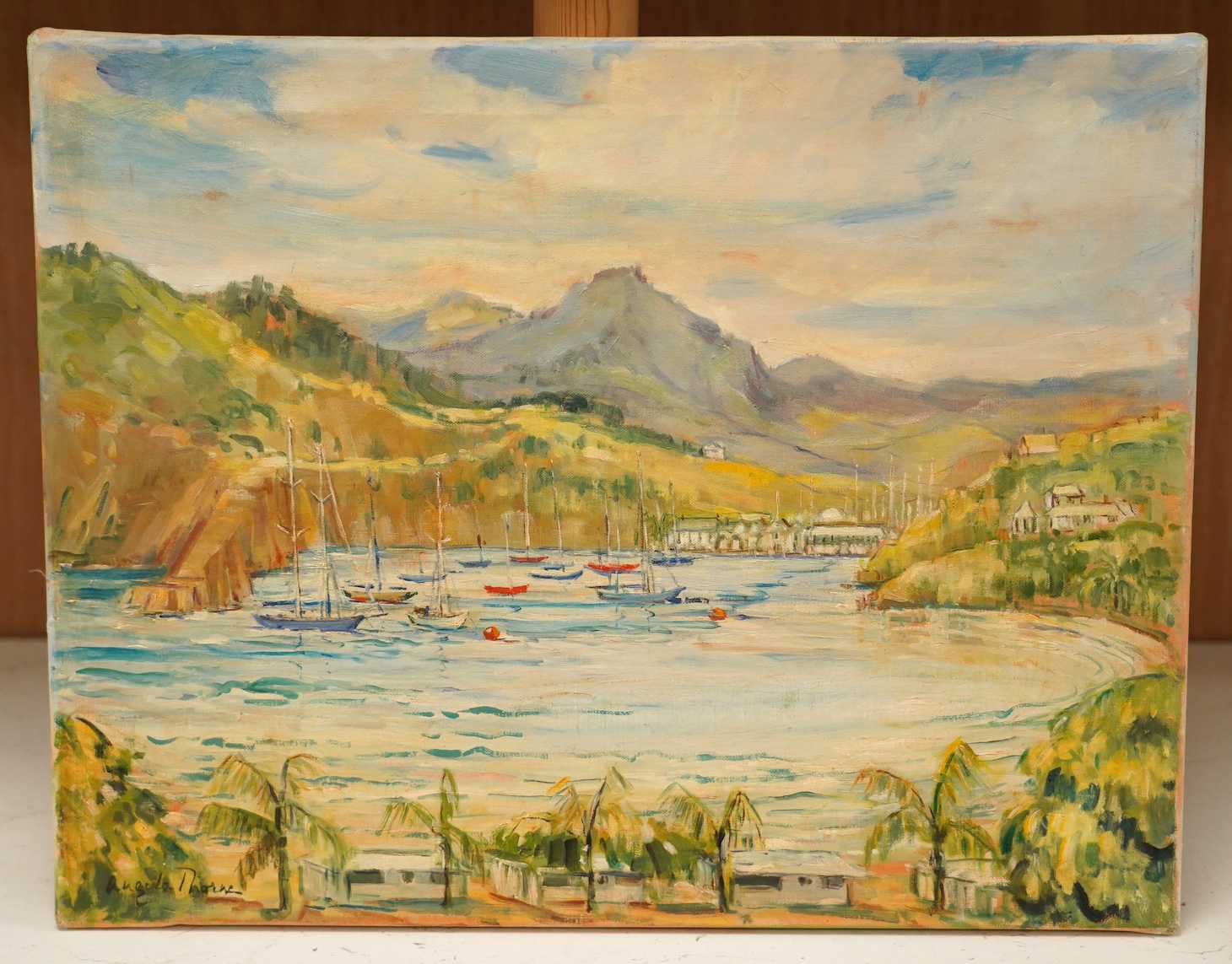 Angela Thorne (b.1911), oil on canvas, Bay with fishing boats, possibly the West Indies, signed, 35 x 45cm, unframed. Condition - fair to good, some surface dirt